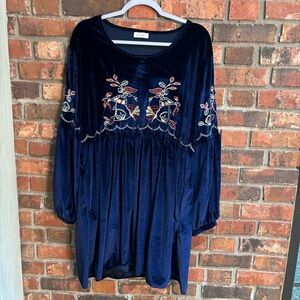 Velzera womens velvet embroidered floral boho hippie knee length dress blue 3X